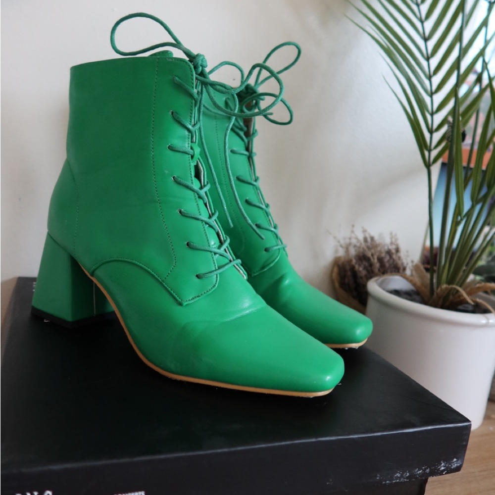Green Lace-Up Ankle Boots